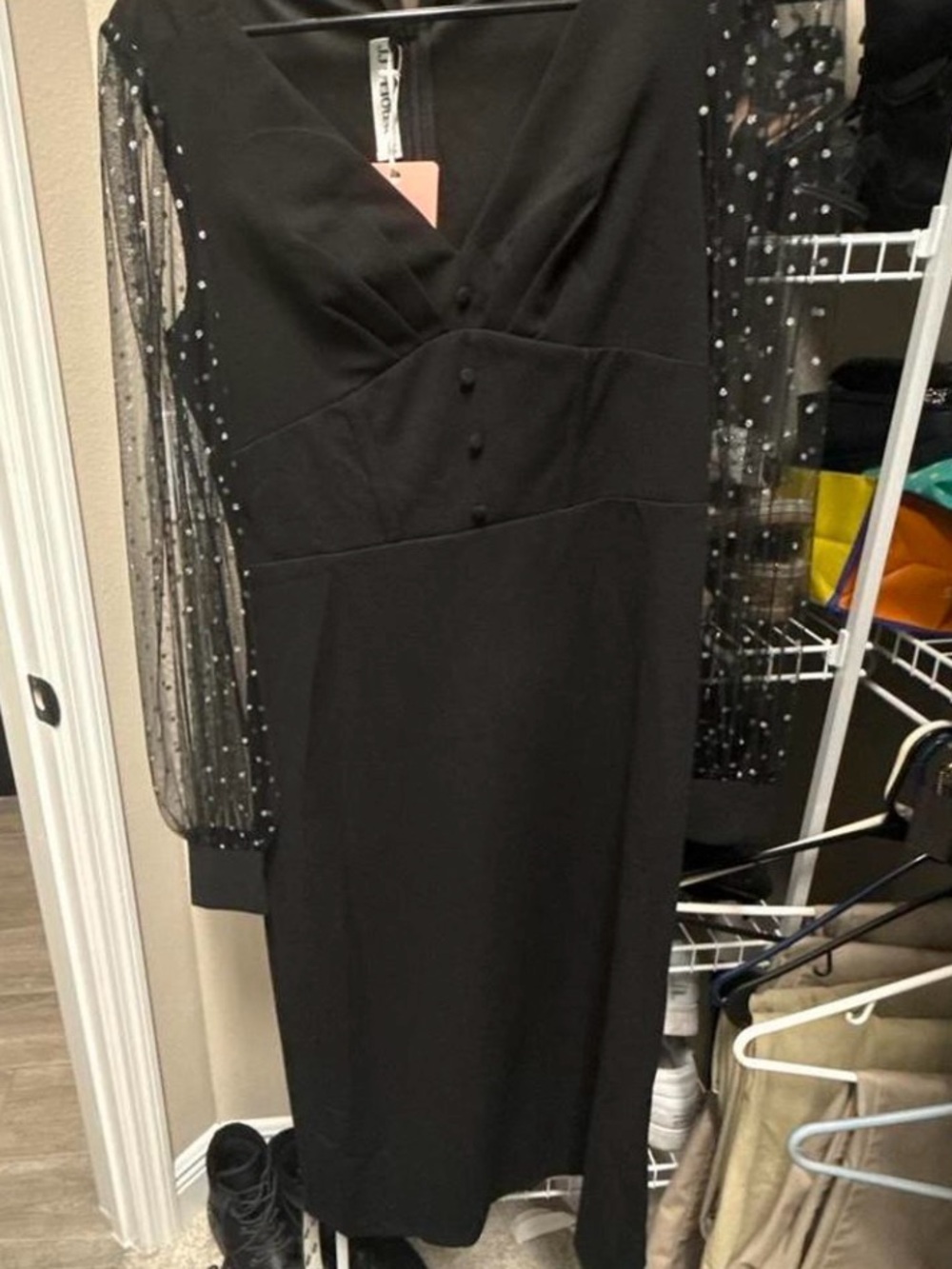 JJs House Black Midi Dress with Sheer Polka-Dot Sleeves